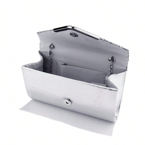 Silver Clutch Bag V Design Metal Chain Glitter Sequined Evening Bag - Picture 5 of 8